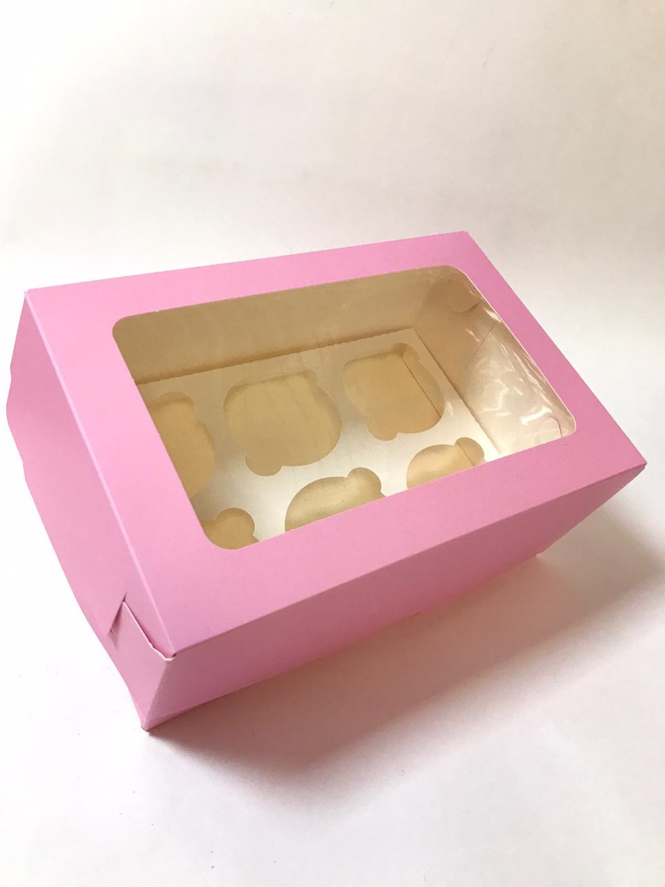 Коробка под капкейки с прямоугольным окном 23,5х16х10 см (6 кап) розовая НОВИНКА